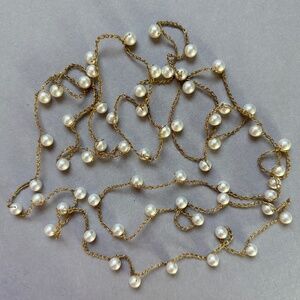 VINTAGE Necklace Long Gold Crocheted Chain with Faux White Pearls 78"